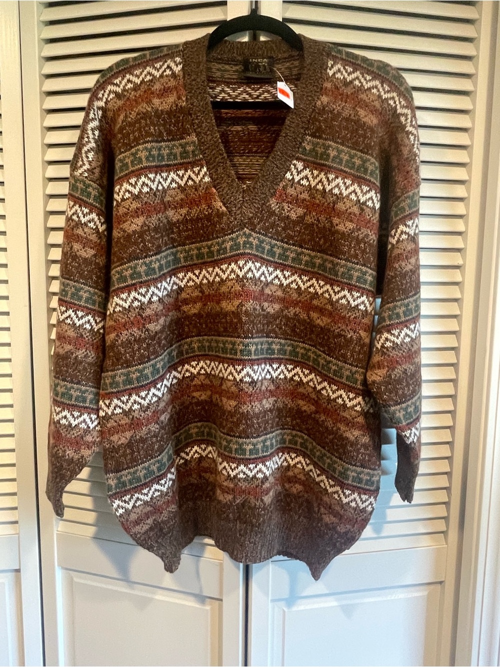 Inca Alpaca Fur Knit Brown Multi-Color V-Neck Sweater -Size XL